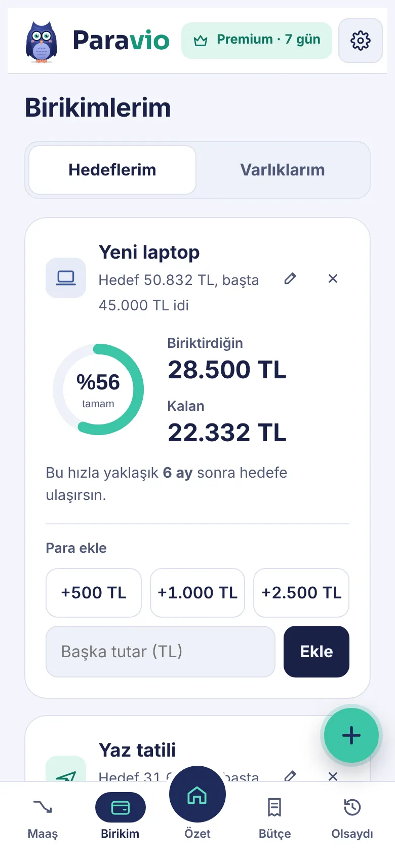 Paravio Birikimlerim ekranı: hedeflerin ilerleme halkası ve kalan tutar
