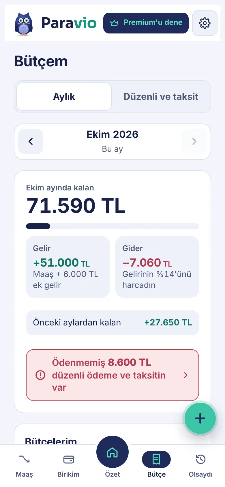 Paravio Bütçem ekranı: bu ay kalan para, gelir, gider ve bütçe sınırları
