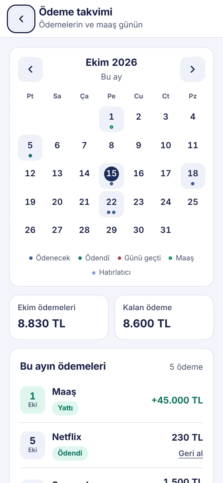 Paravio ödeme takvimi: ödeme günleri işaretli aylık takvim ve ödeme listesi